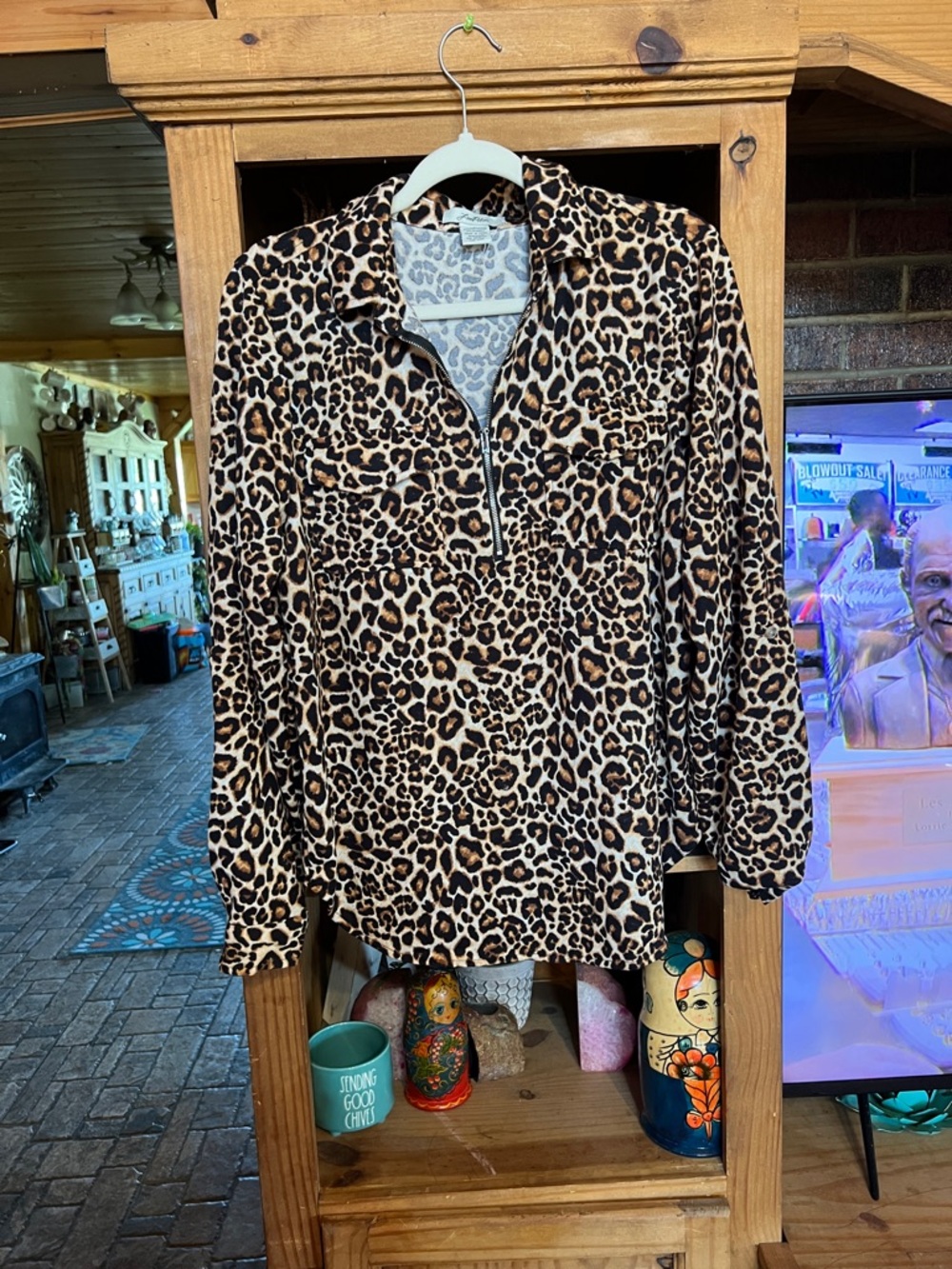 Leopard Print Half-Zip Pullover Top - Brown